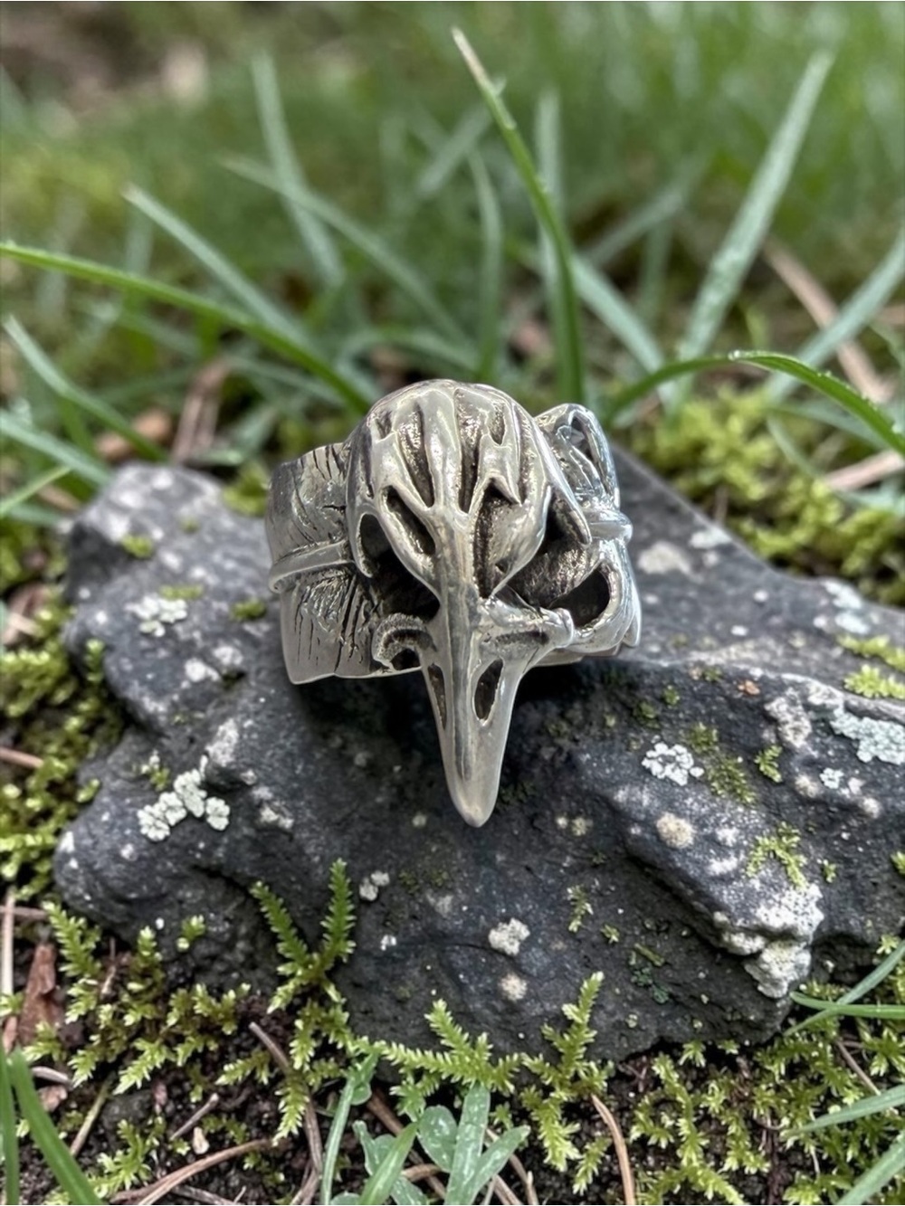 Sterling Silver Raven Skull Ring - Gothic Bird Skull‎ Design